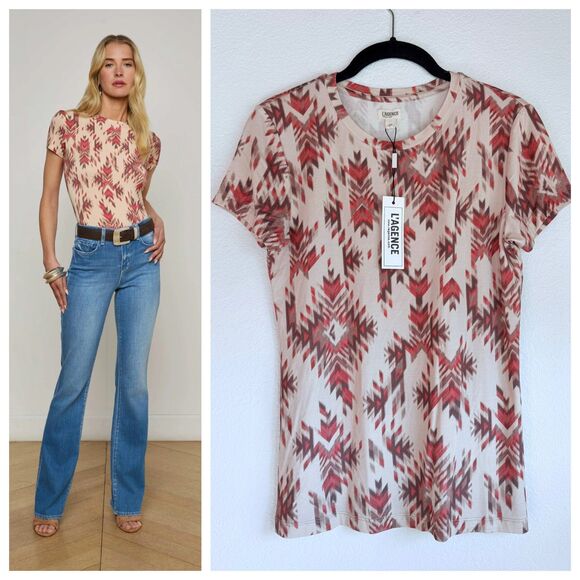 NWT L'Agence Ressi Fitted Crew Neck Short Sleeve Tee in Tan Multi Ganado Print S - Picture 1 of 14